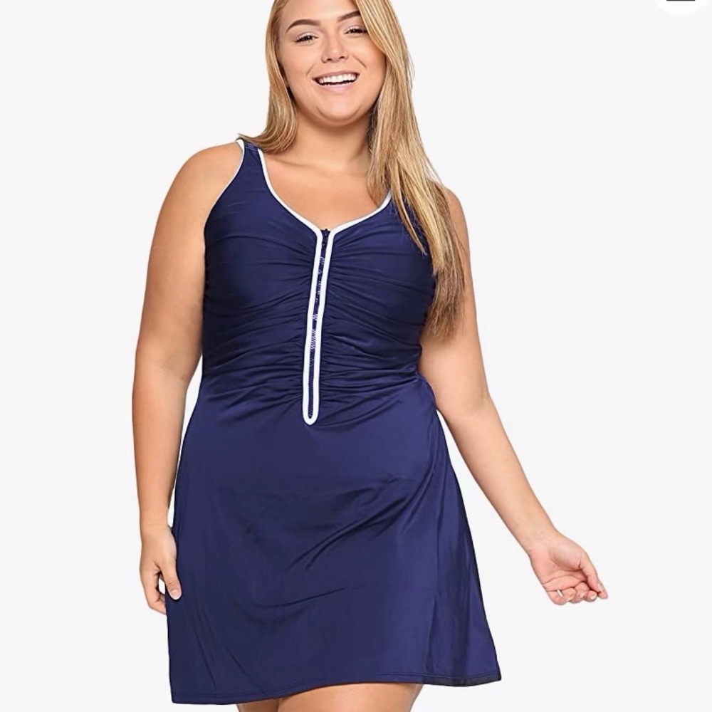 DELIMIRA Women's Plus Size  Swimsuit Zip Front Skirted Bathing Suits Swimdress